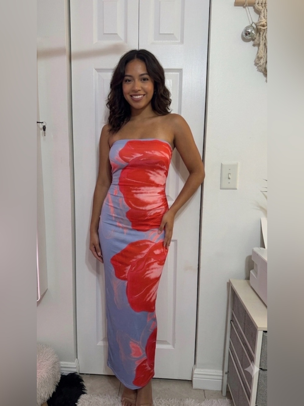 SHEIN Strapless Maxi Dress with Red Floral Print on Lavender